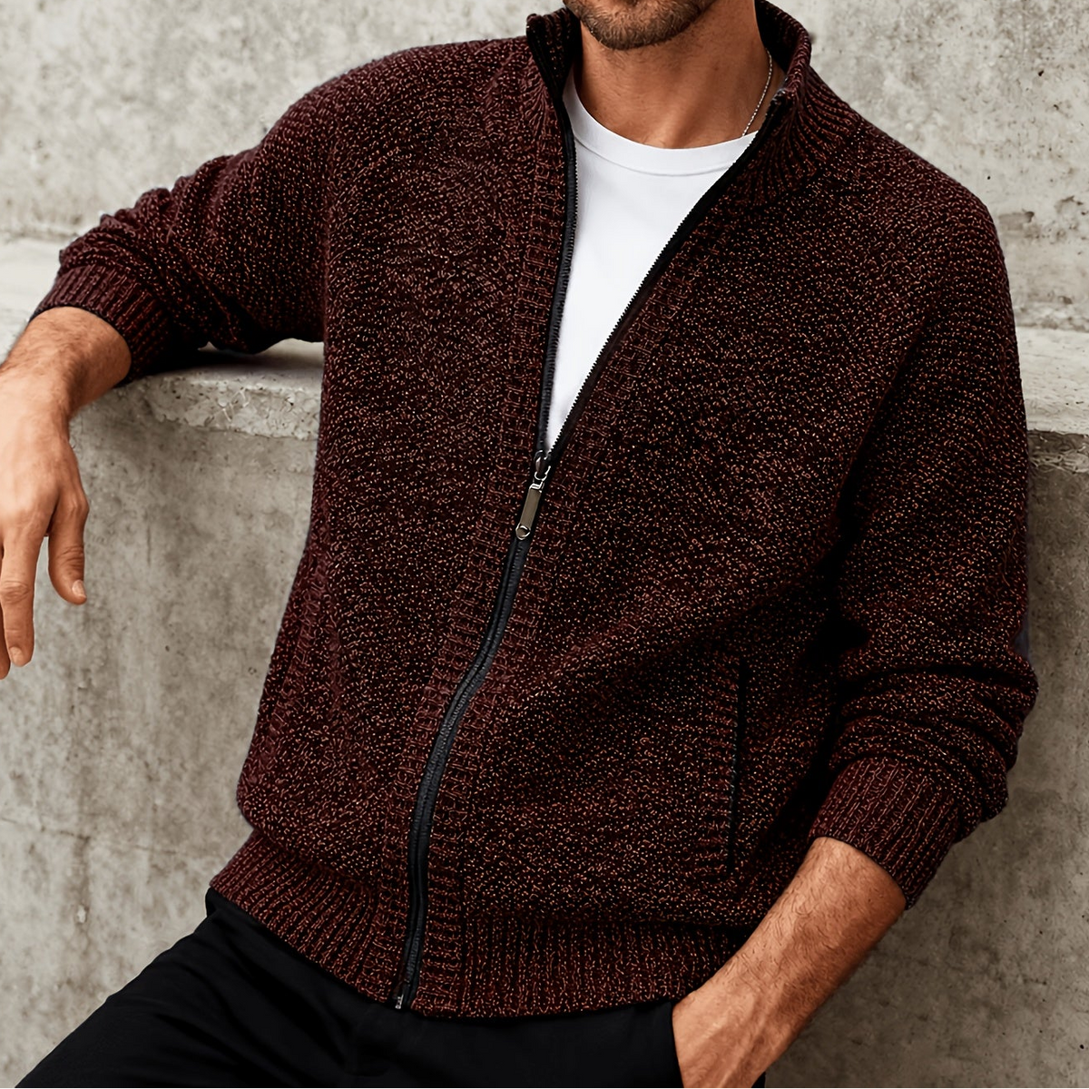 Herren Strickjacke Reißverschluss Stehkragen Melange-Optik