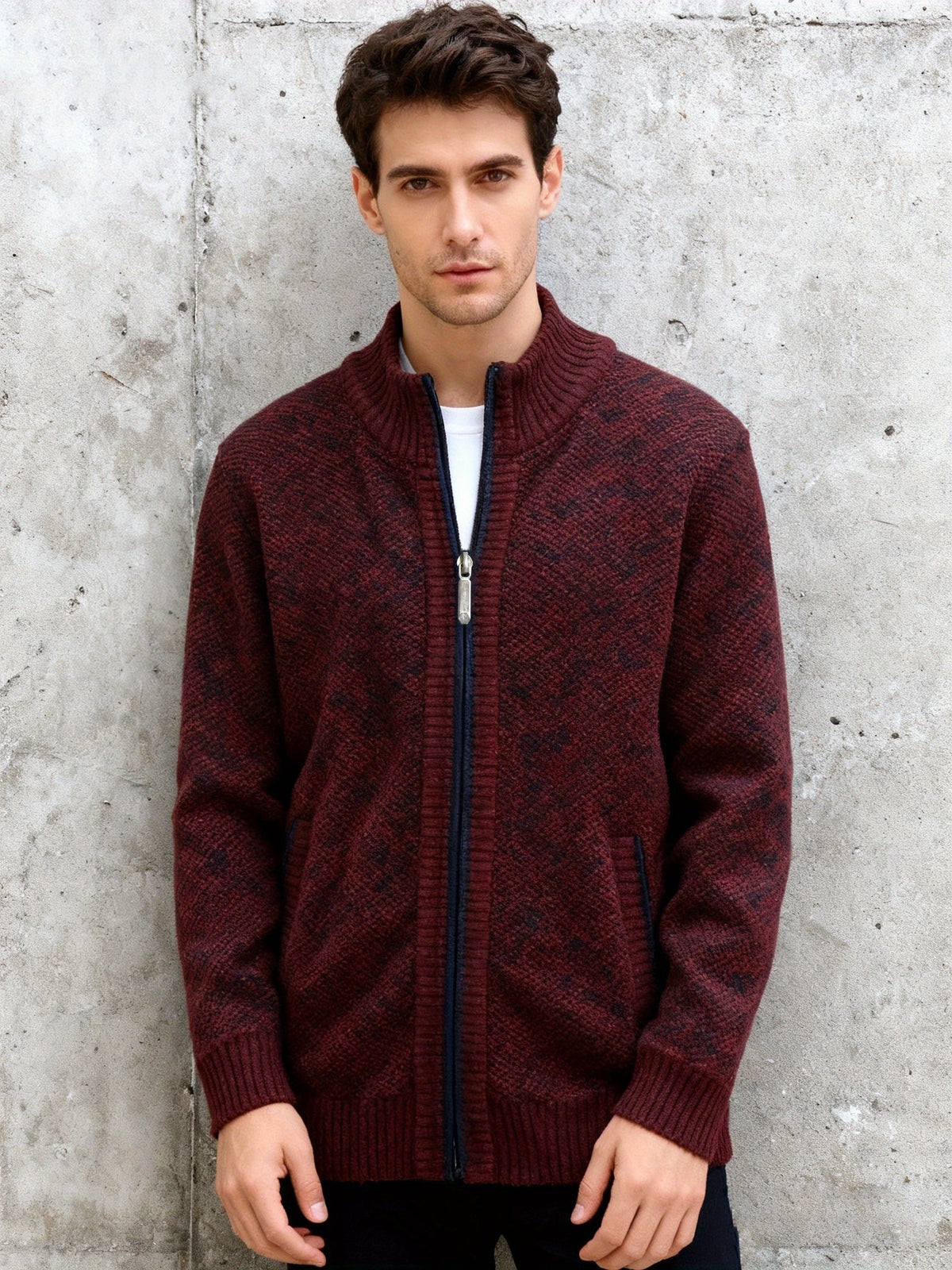 Herren Strickjacke Reißverschluss Stehkragen Melange-Optik