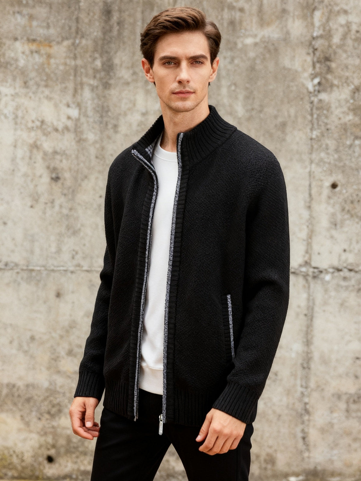 Herren Strickjacke Reißverschluss Stehkragen Melange-Optik