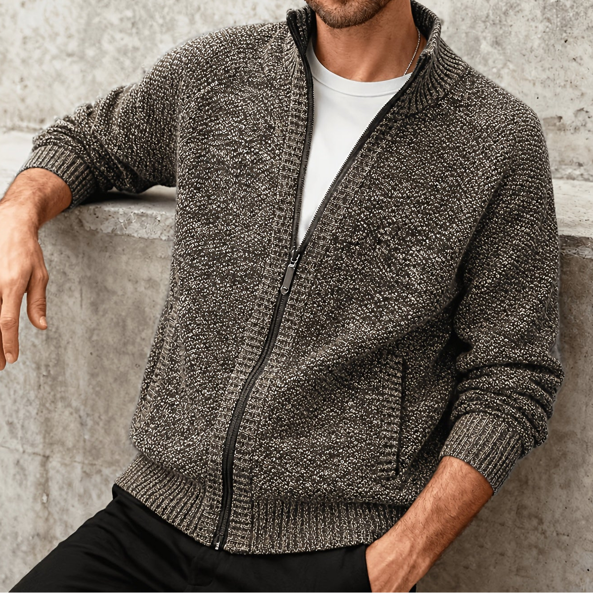 Herren Strickjacke Reißverschluss Stehkragen Melange-Optik