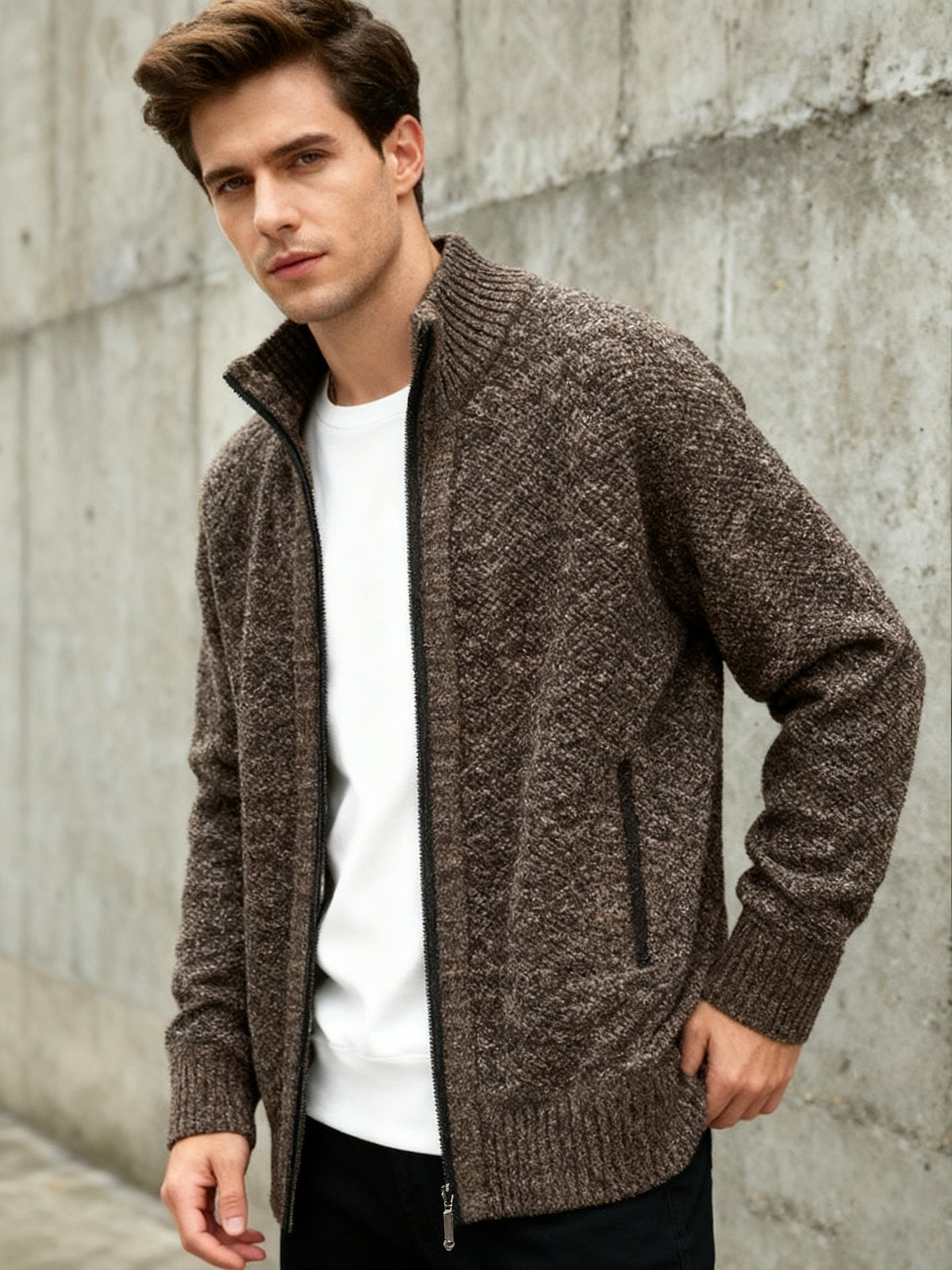 Herren Strickjacke Reißverschluss Stehkragen Melange-Optik