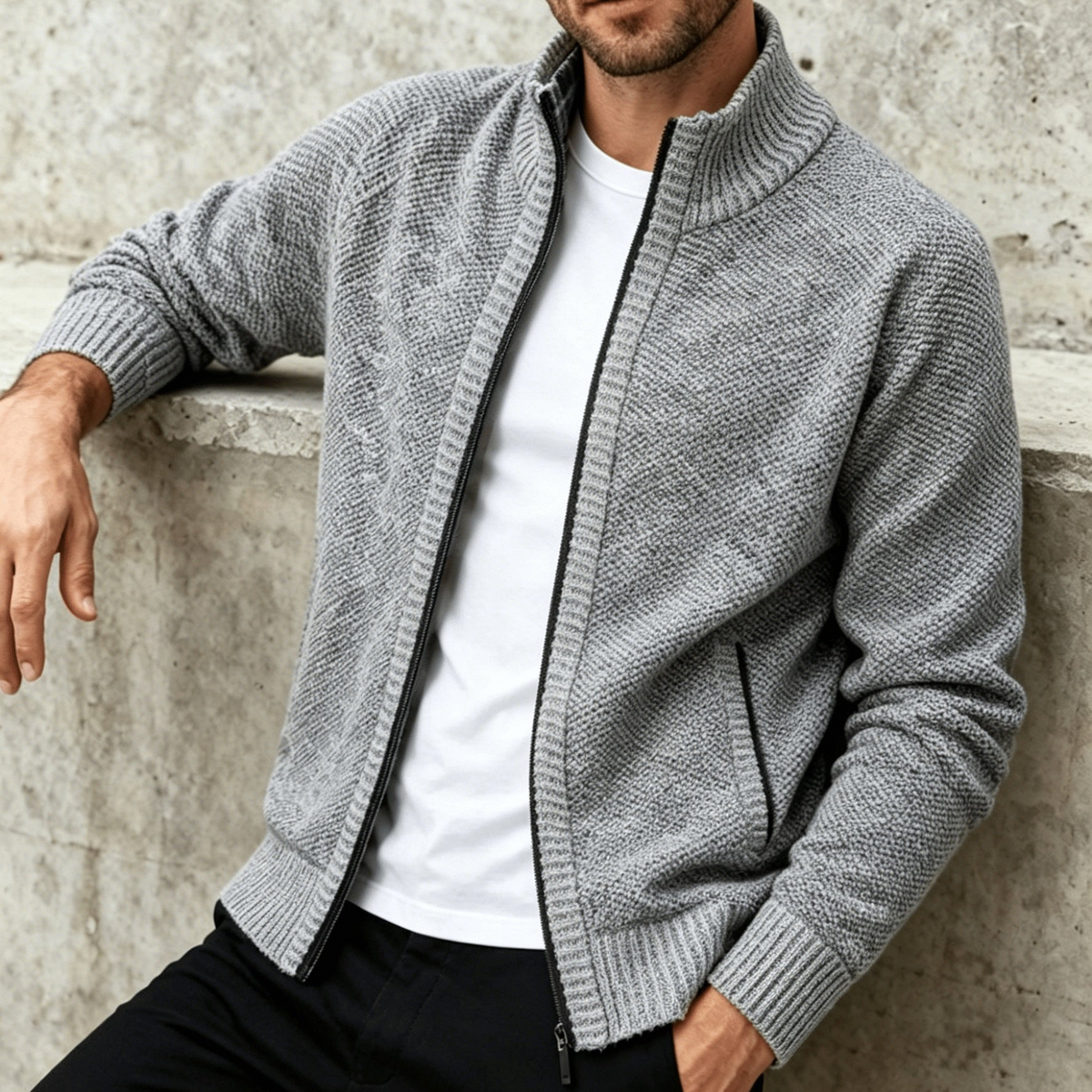 Herren Strickjacke Reißverschluss Stehkragen Melange-Optik
