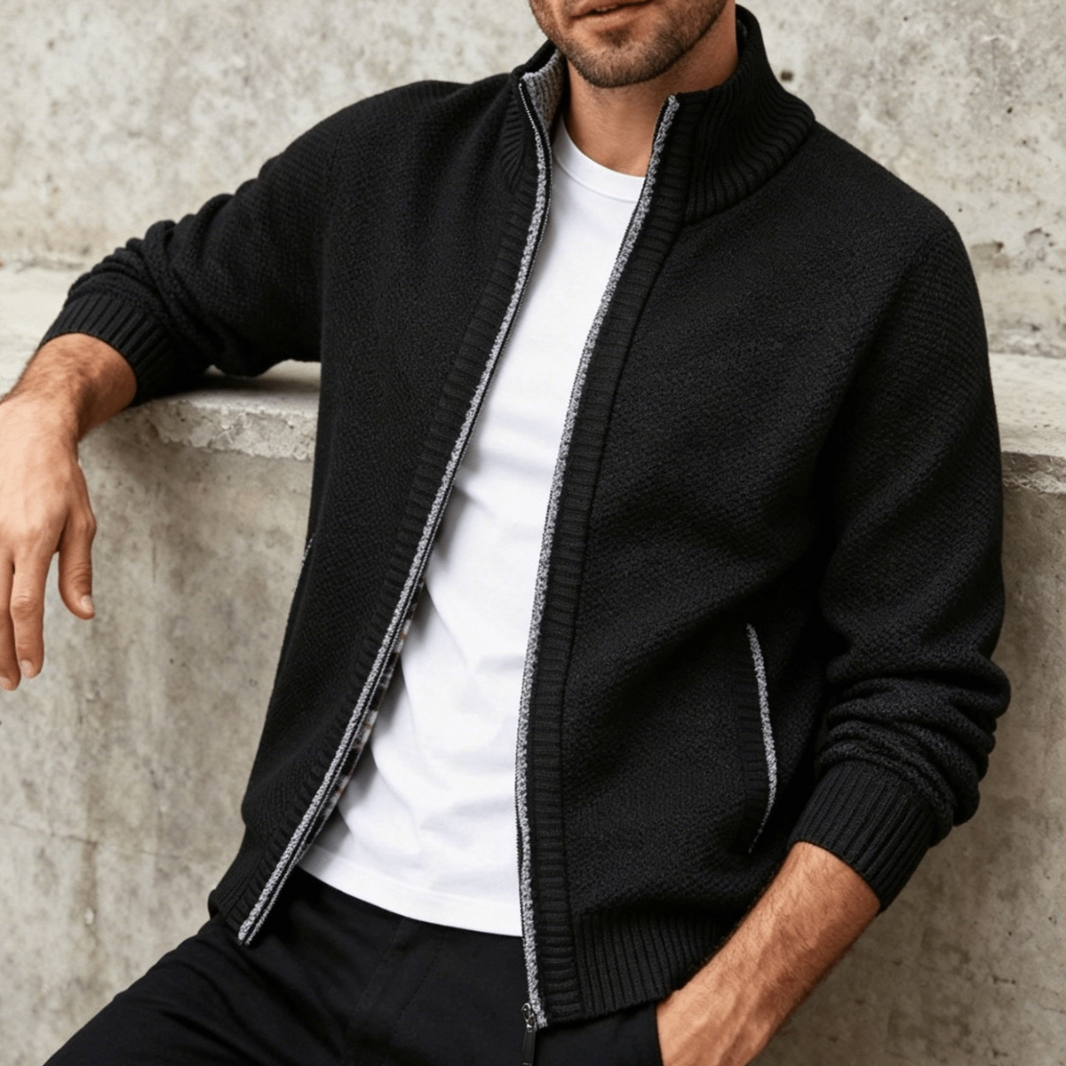 Herren Strickjacke Reißverschluss Stehkragen Melange-Optik