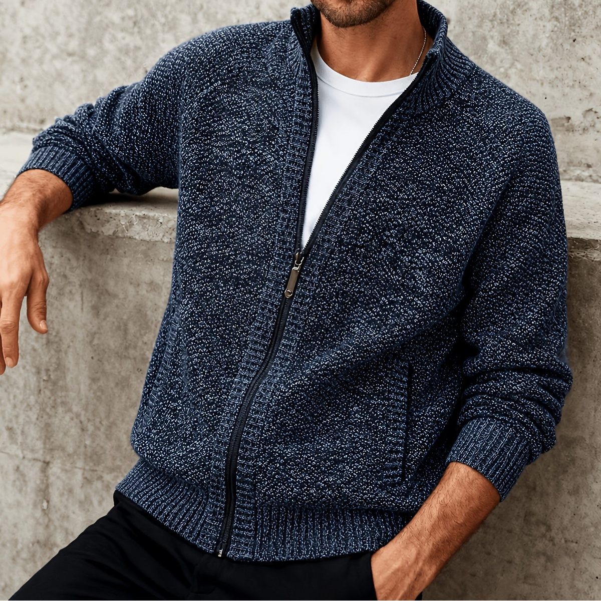 Herren Strickjacke Reißverschluss Stehkragen Melange-Optik
