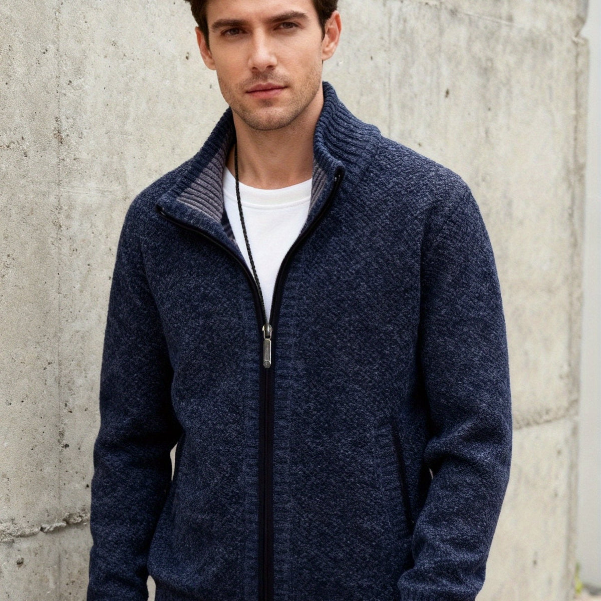 Herren Strickjacke Reißverschluss Stehkragen Melange-Optik