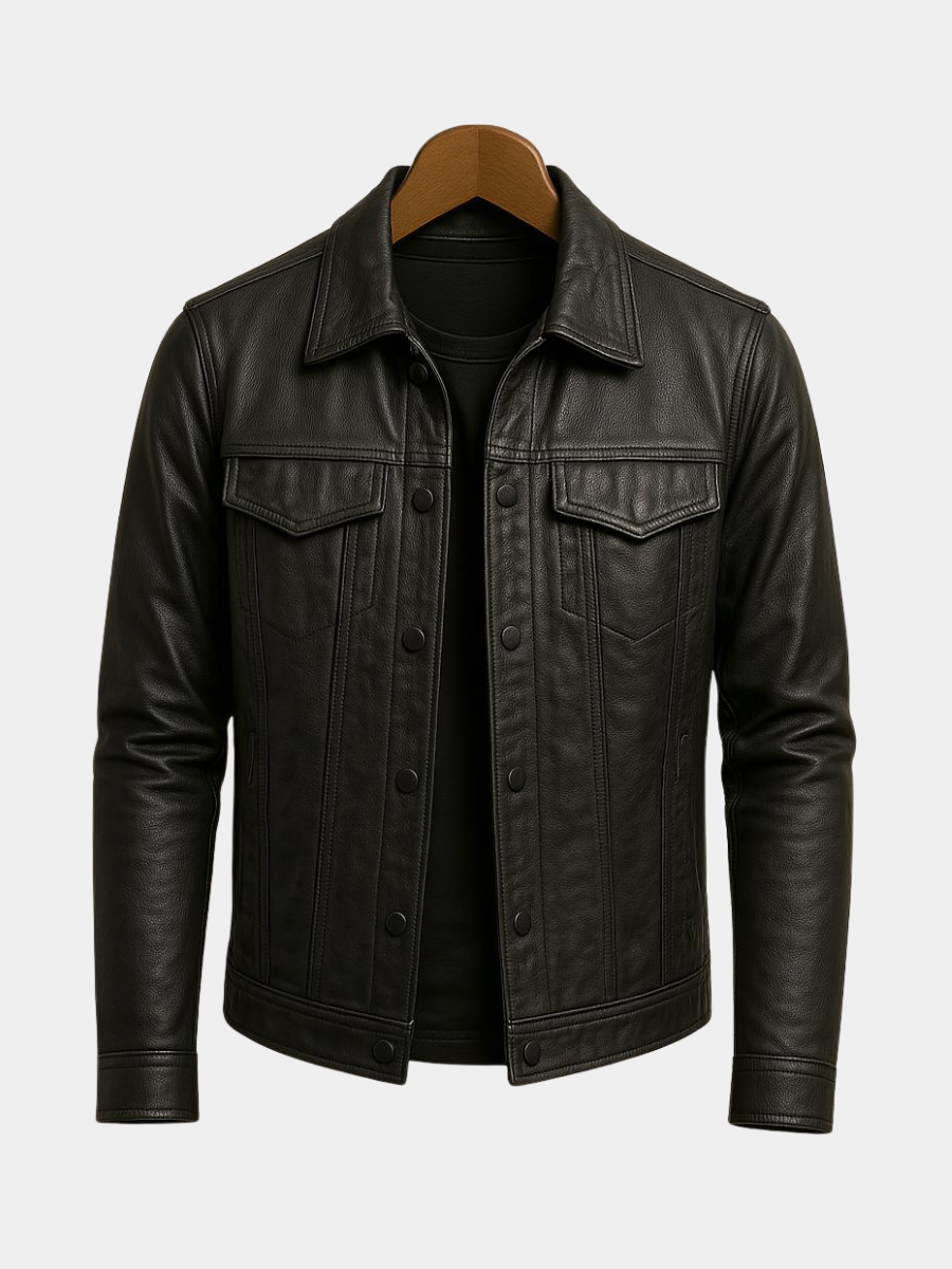 Veste en Cuir Noire Style Motard Boutons Pression