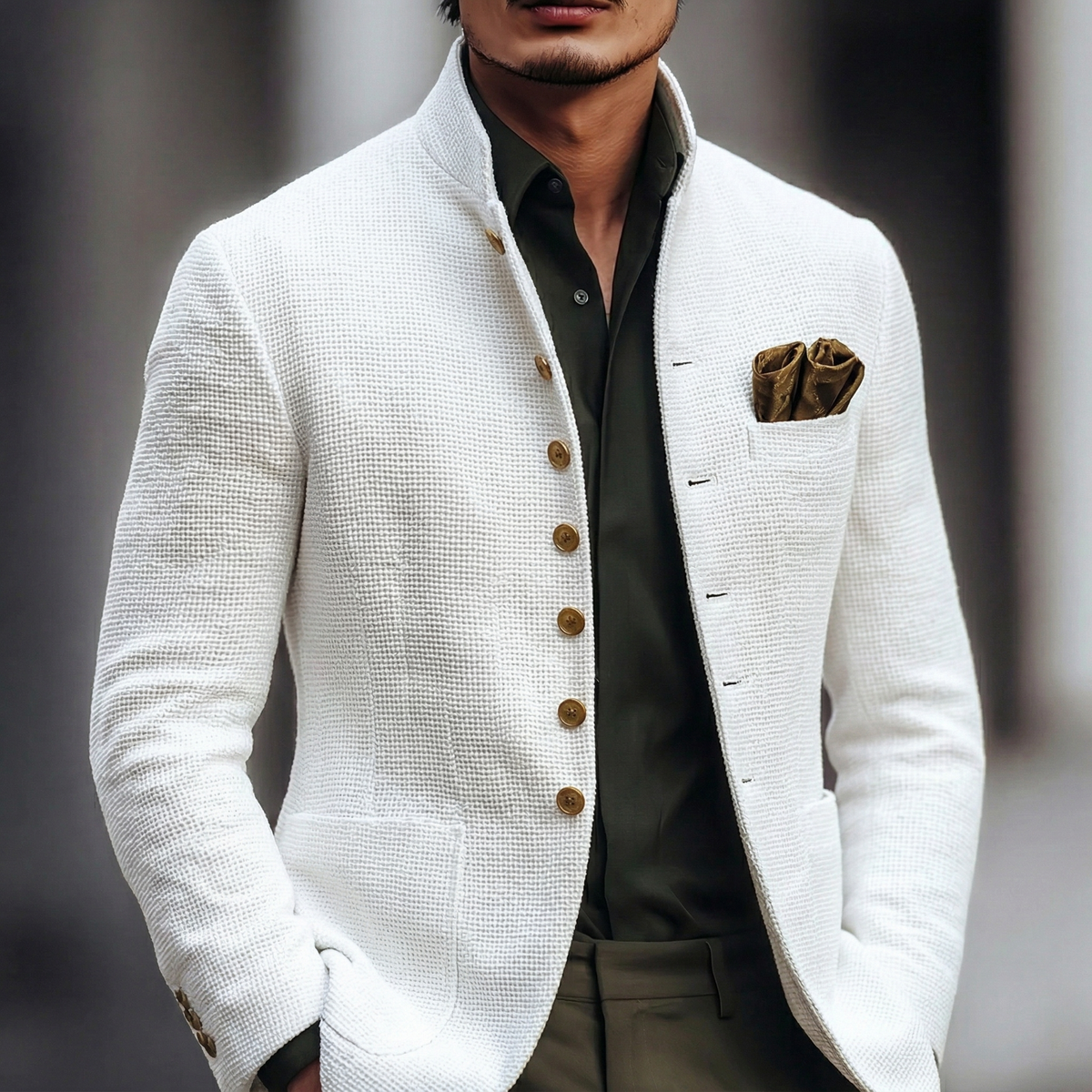 Blazer Alaric Col Mandarin Blanc Texturé