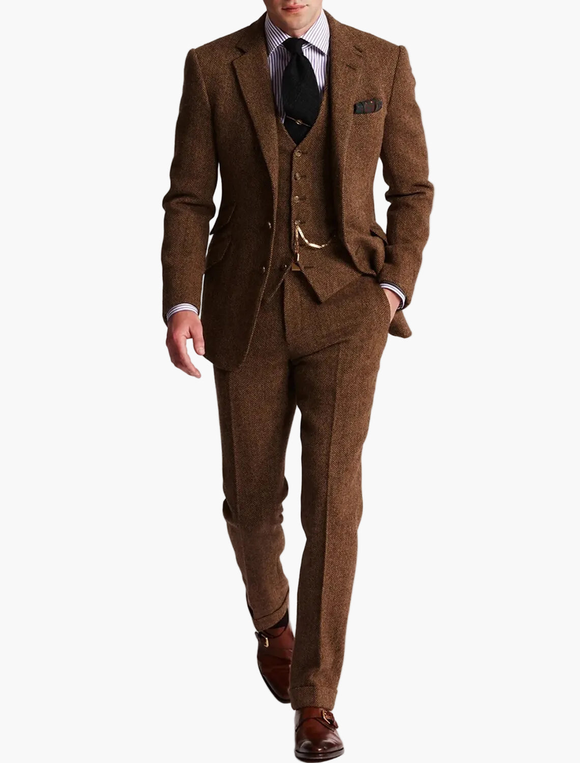 Costume 3 Pièces Tweed Chevron Coupe Ajustée