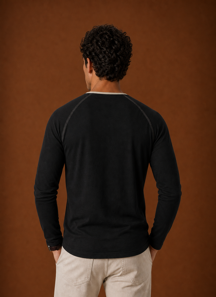Men's Henley Shirt - Raglan Long Sleeve Henley with Contrast Trim