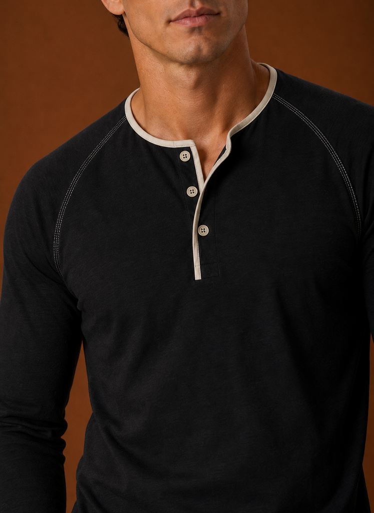 Men's Henley Shirt - Raglan Long Sleeve Henley with Contrast Trim