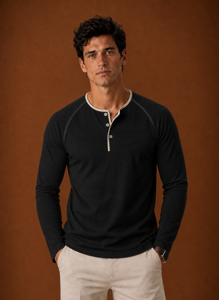 Men's Henley Shirt - Raglan Long Sleeve Henley with Contrast Trim