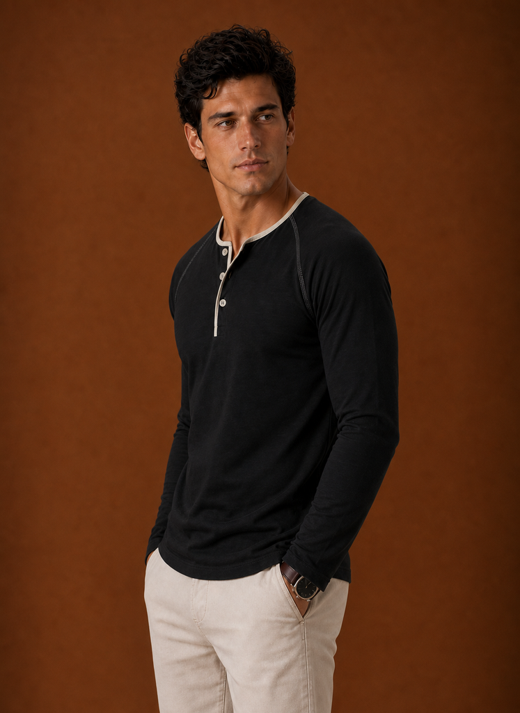 Men's Henley Shirt - Raglan Long Sleeve Henley with Contrast Trim