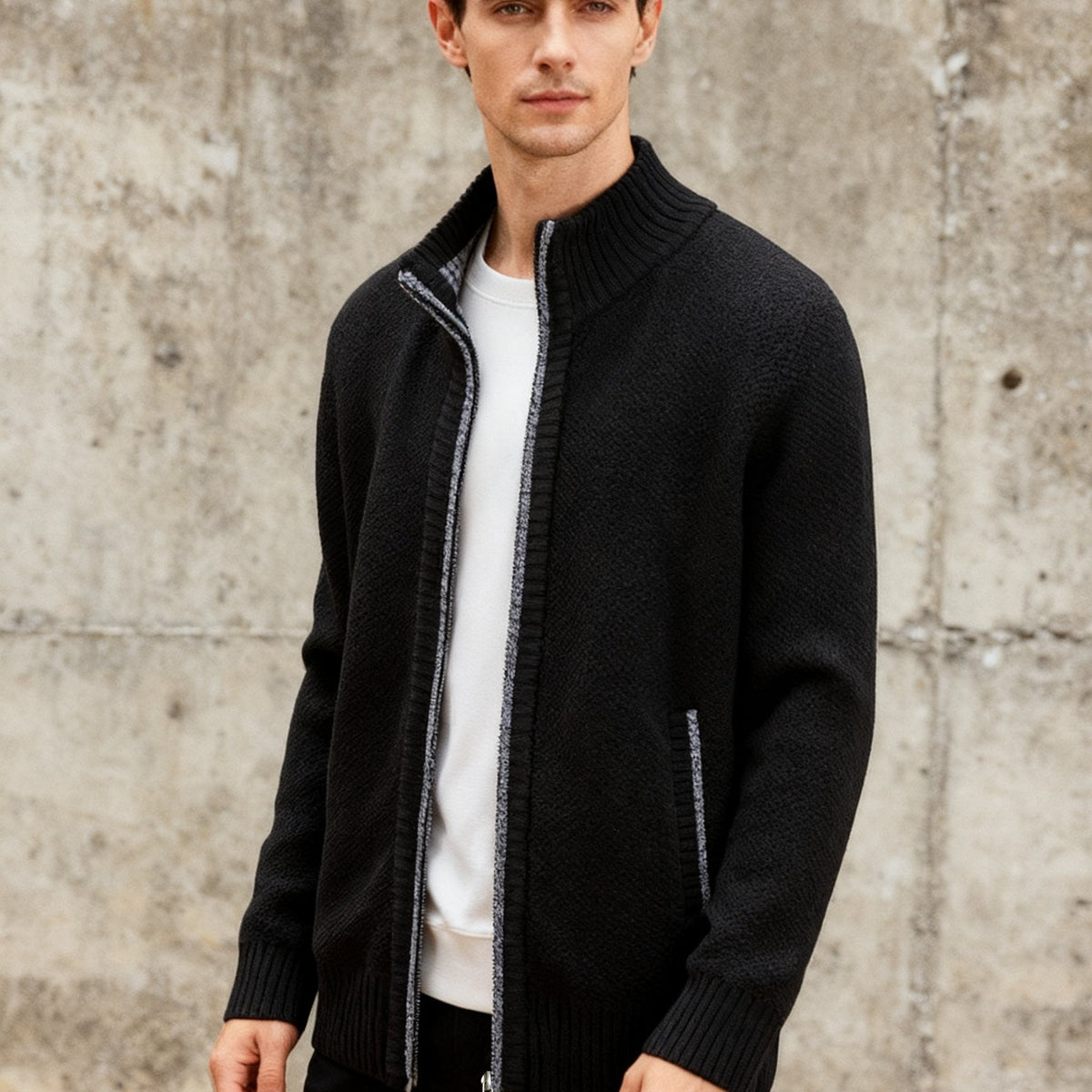 Herren Strickjacke Reißverschluss Stehkragen Melange-Optik