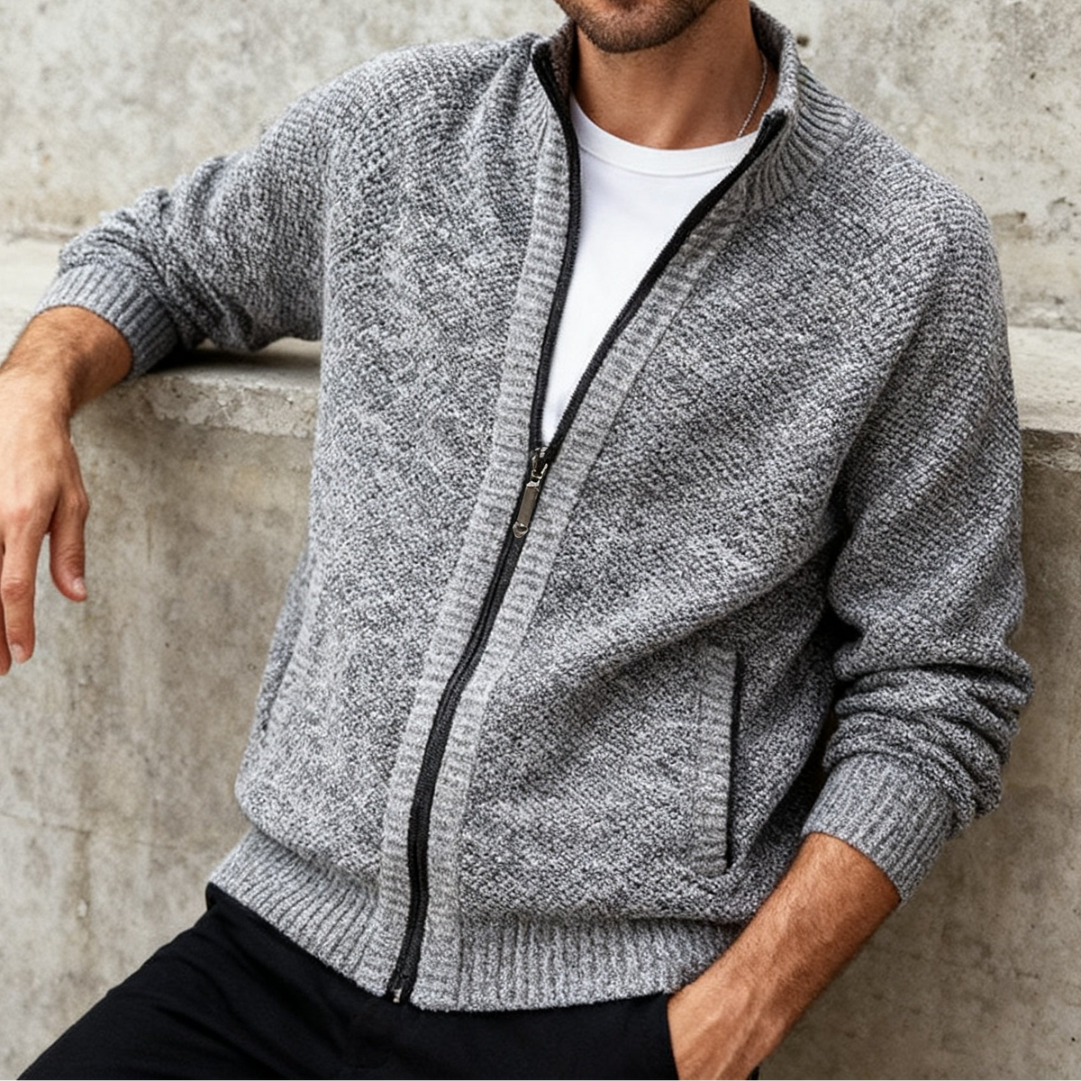 Herren Strickjacke Reißverschluss Stehkragen Melange-Optik