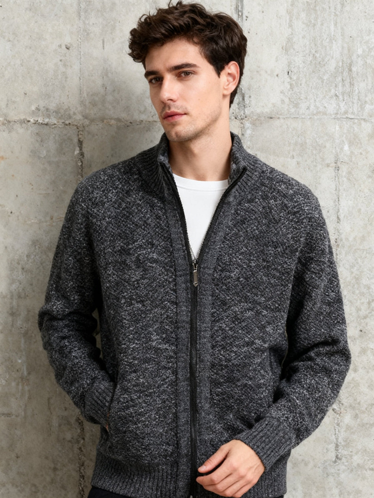 Herren Strickjacke Reißverschluss Stehkragen Melange-Optik
