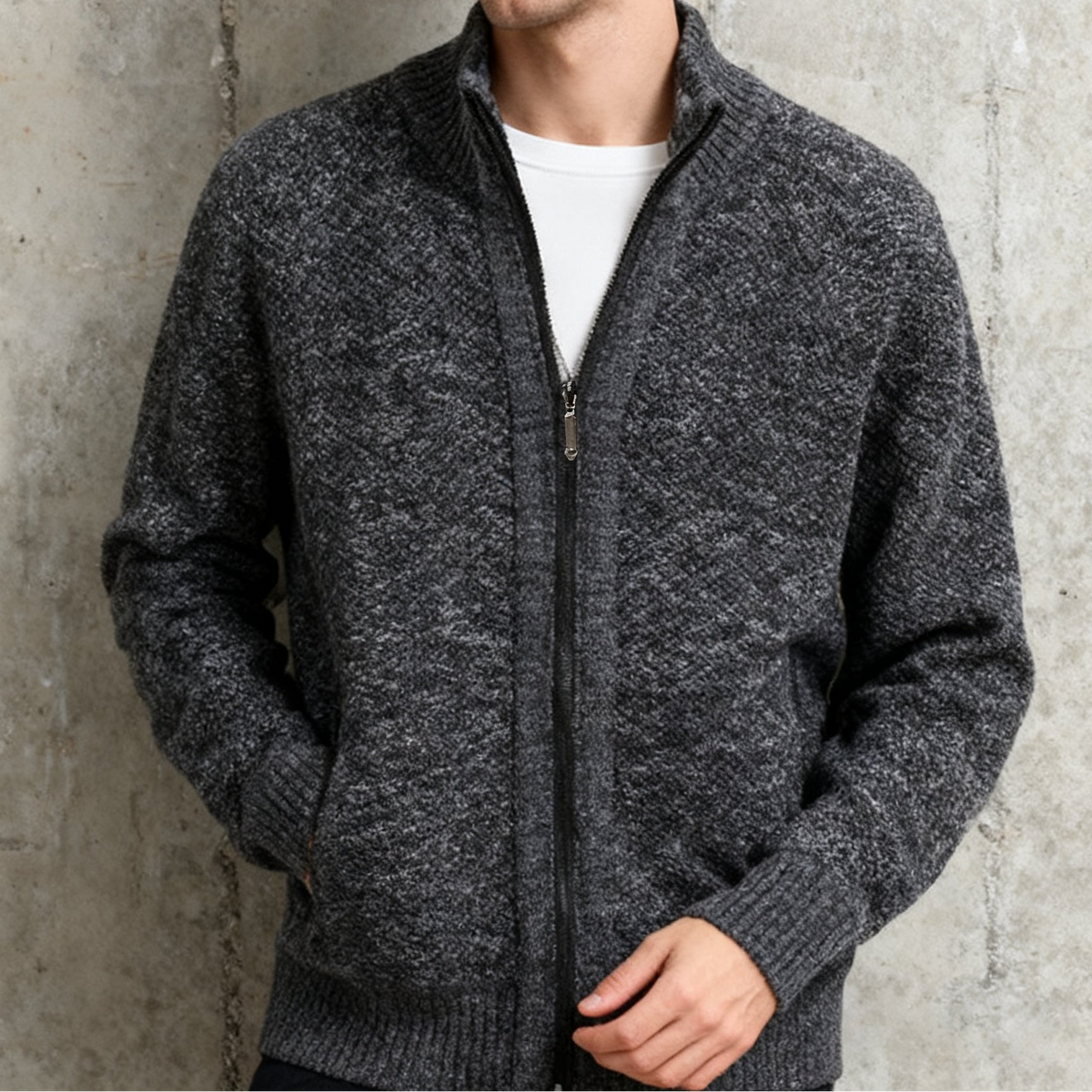 Herren Strickjacke Reißverschluss Stehkragen Melange-Optik