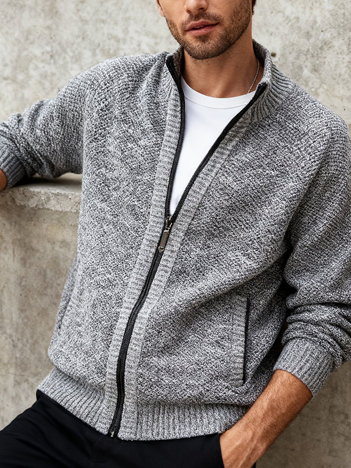 Herren Strickjacke Reißverschluss Stehkragen Melange-Optik