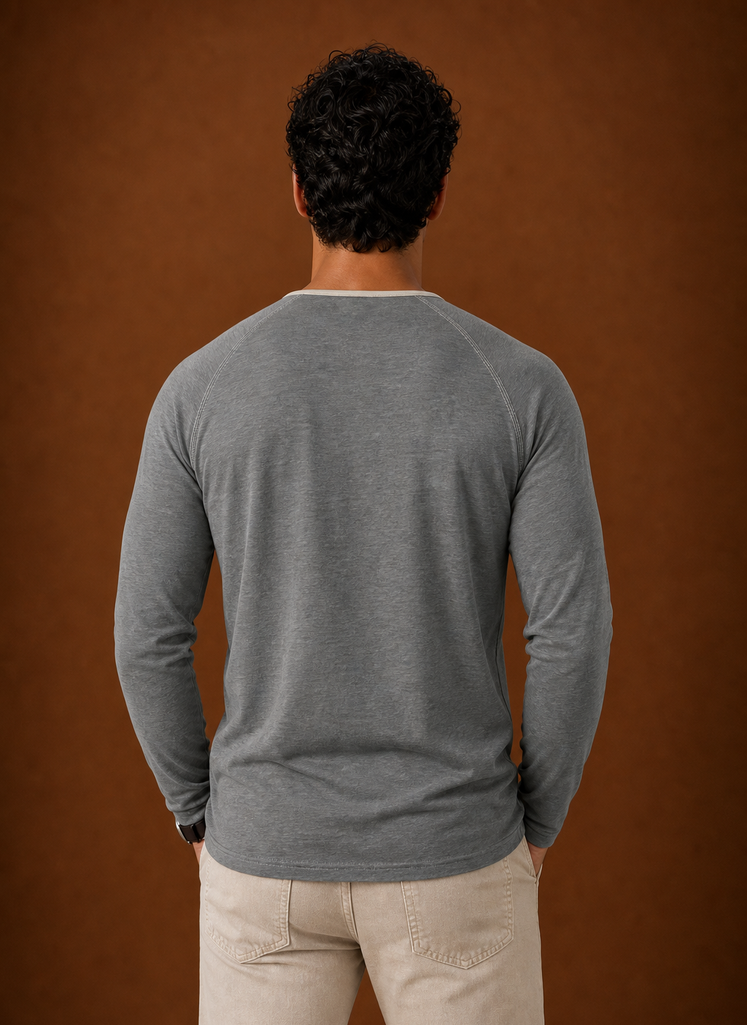 Men's Henley Shirt - Raglan Long Sleeve Henley with Contrast Trim