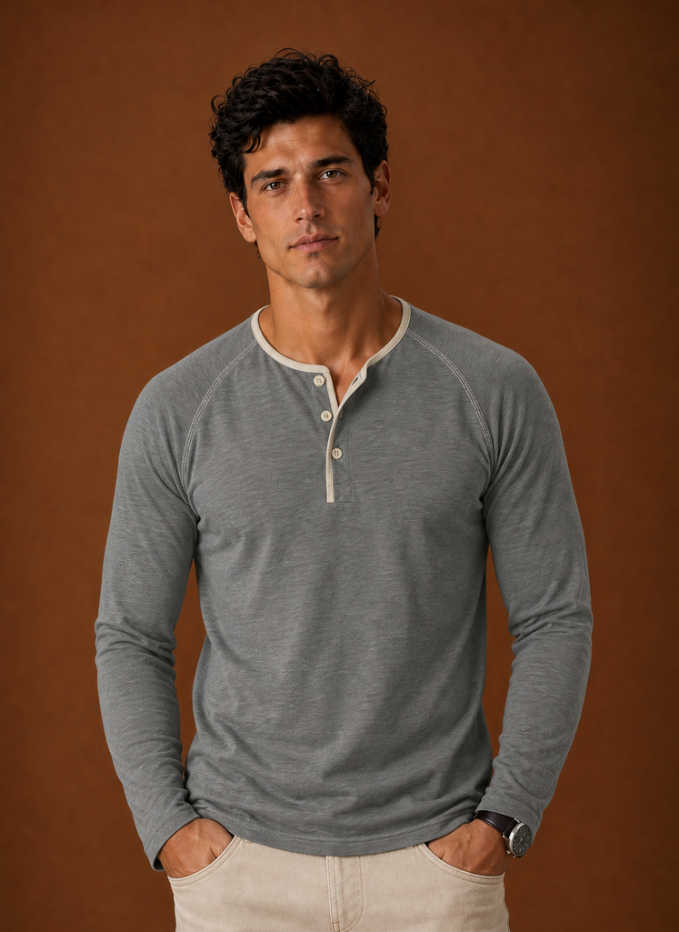 Men's Henley Shirt - Raglan Long Sleeve Henley with Contrast Trim