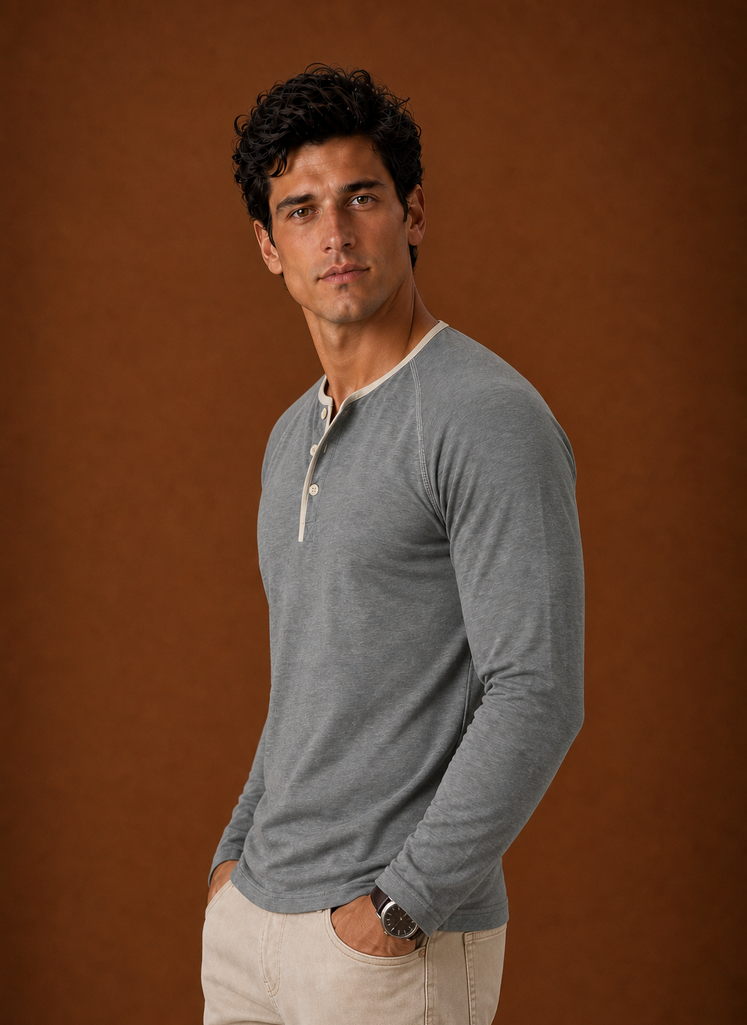Men's Henley Shirt - Raglan Long Sleeve Henley with Contrast Trim