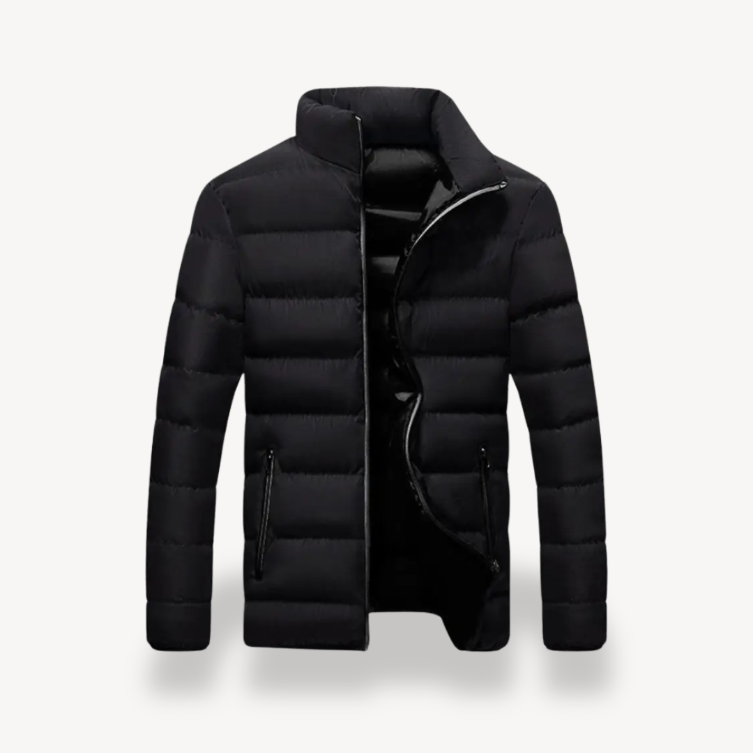Men's Quilted Puffer Jacket with Stand Collar and Zip Pockets