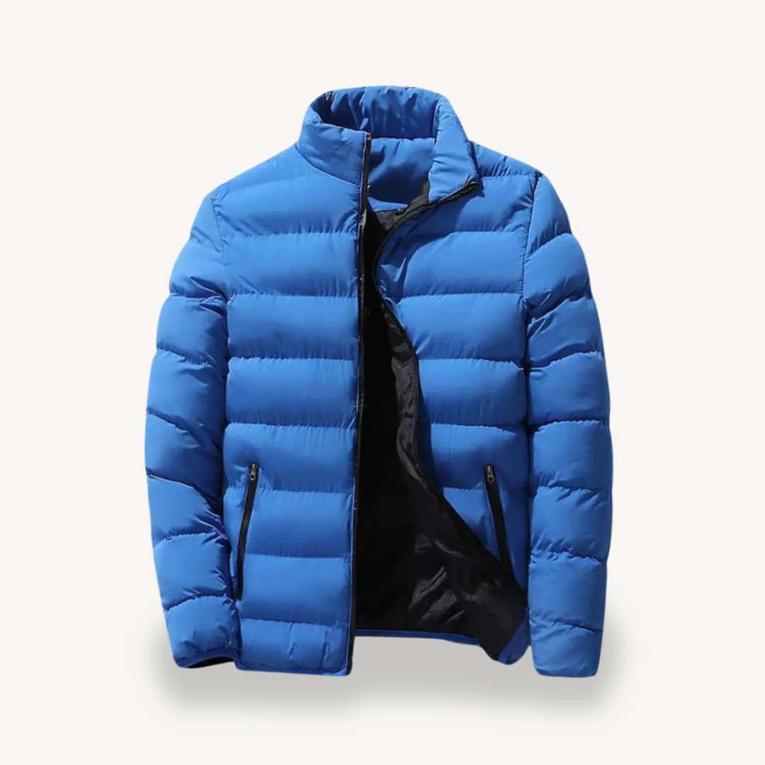 Men's Quilted Puffer Jacket with Stand Collar and Zip Pockets