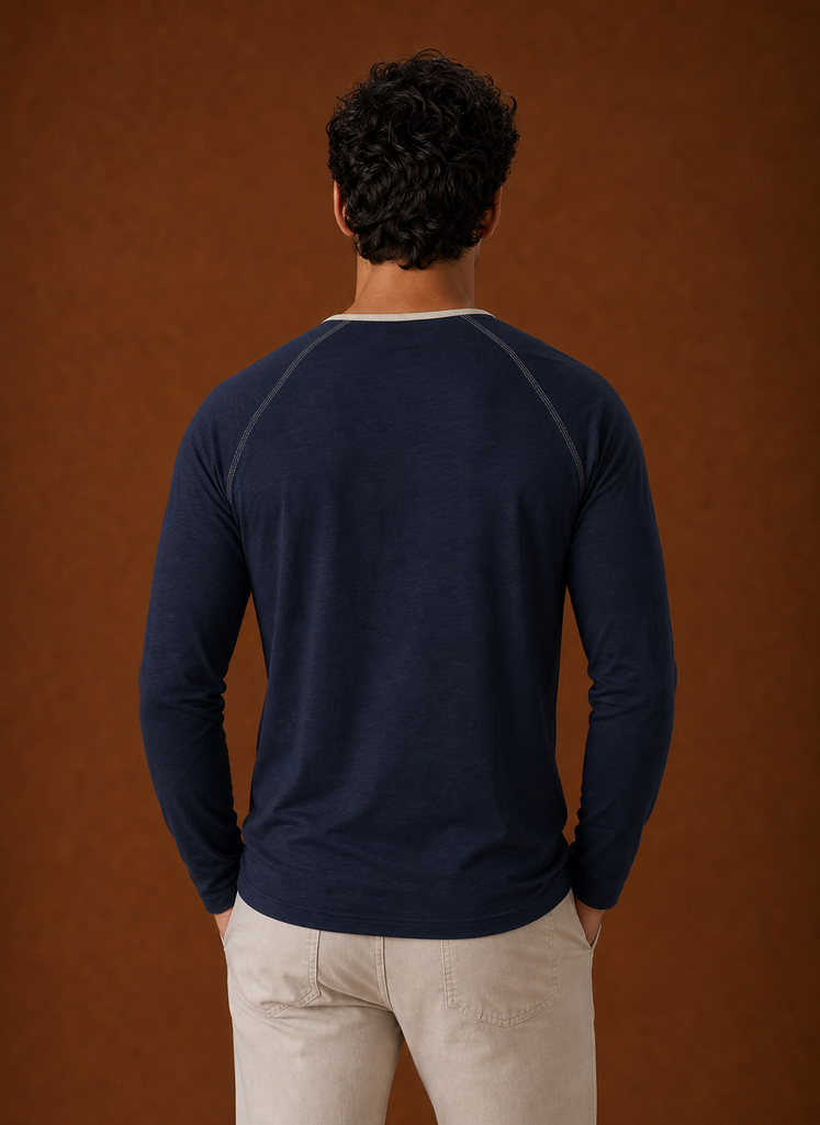 Men's Henley Shirt - Raglan Long Sleeve Henley with Contrast Trim