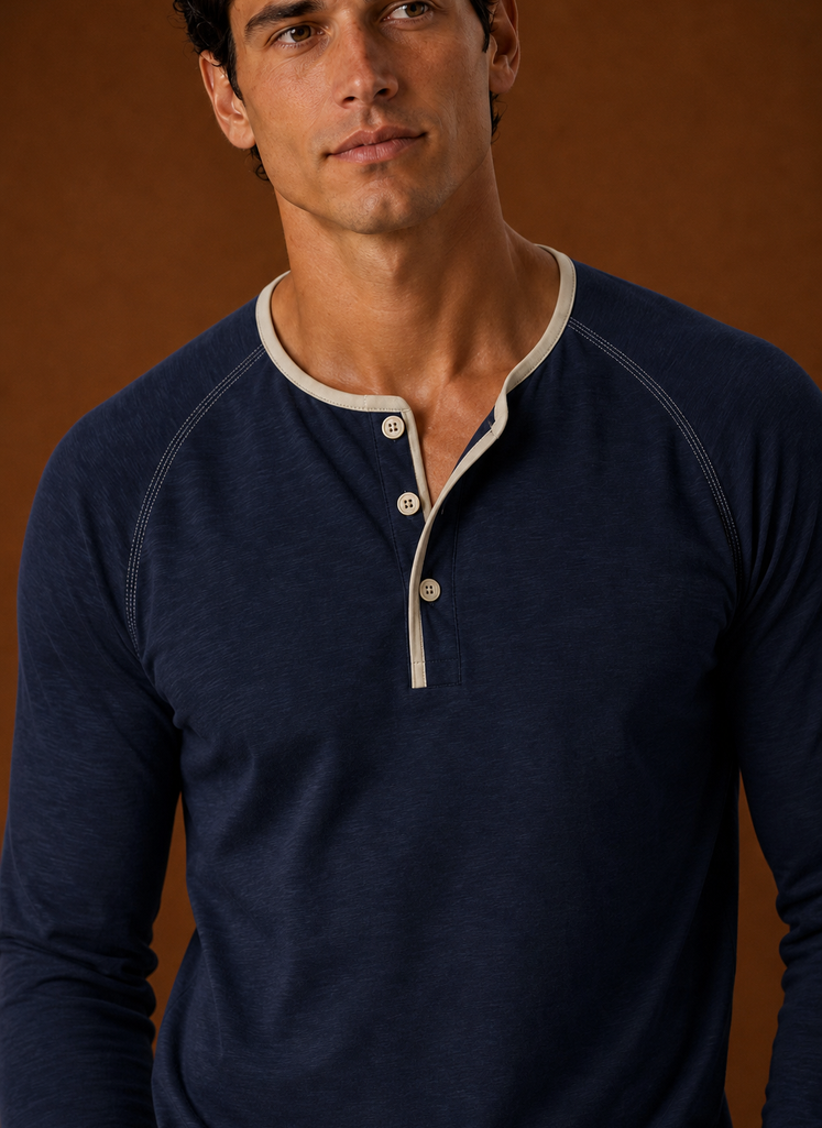 Men's Henley Shirt - Raglan Long Sleeve Henley with Contrast Trim