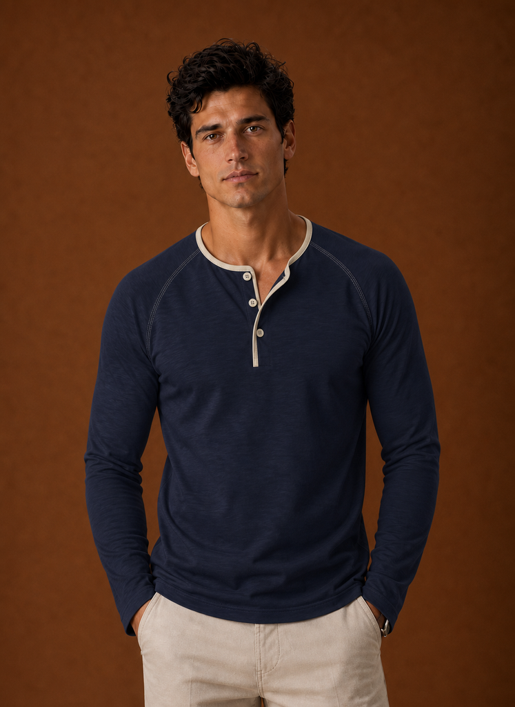 Men's Henley Shirt - Raglan Long Sleeve Henley with Contrast Trim