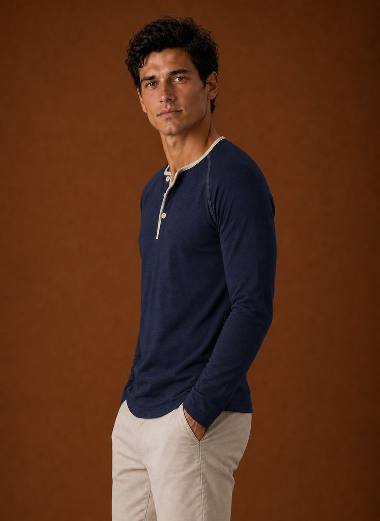 Men's Henley Shirt - Raglan Long Sleeve Henley with Contrast Trim