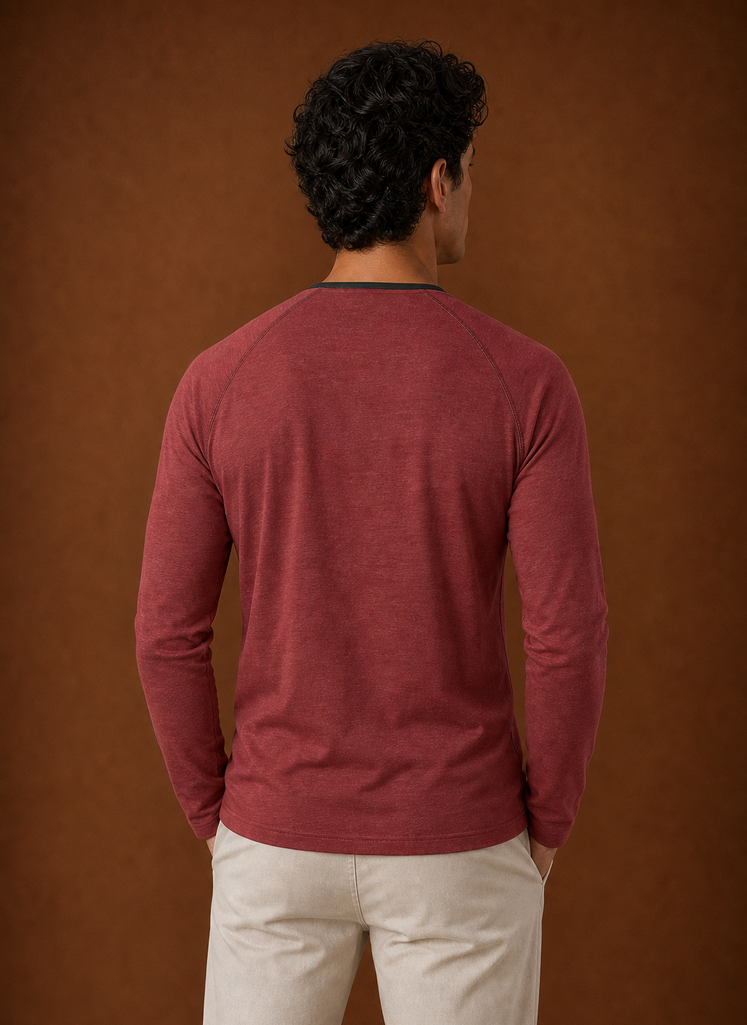 Men's Henley Shirt - Raglan Long Sleeve Henley with Contrast Trim