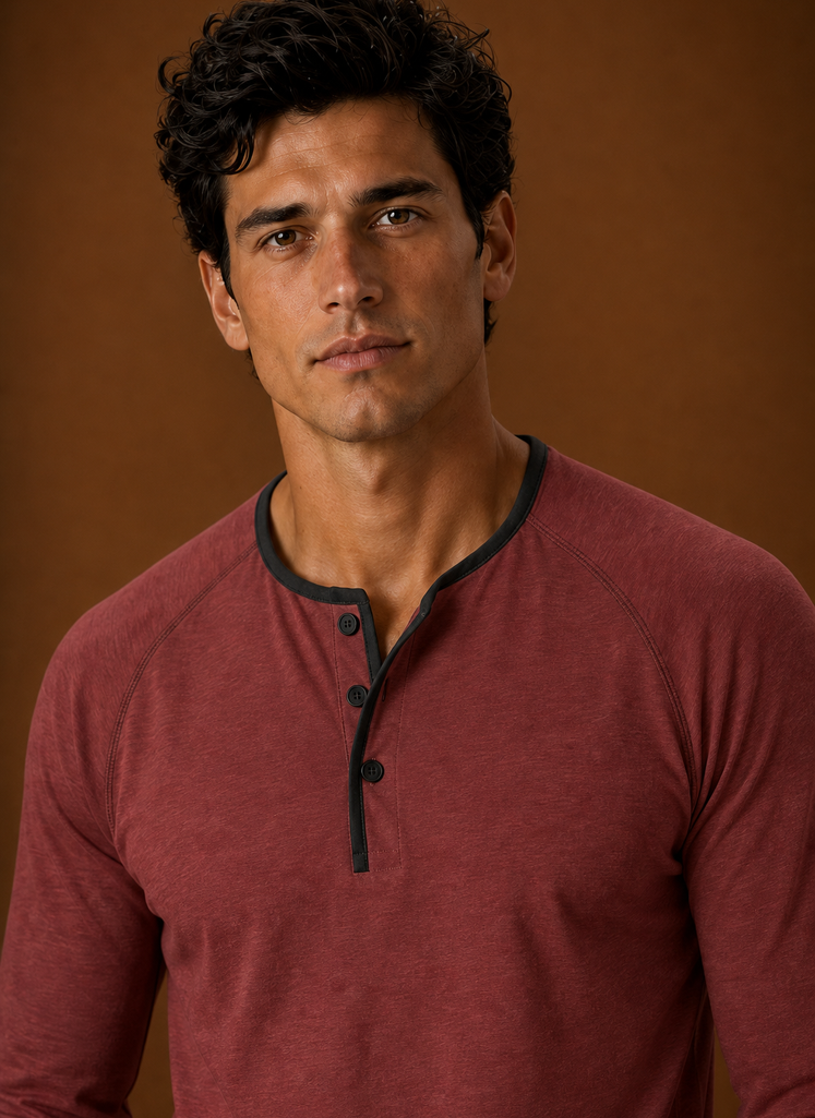 Men's Henley Shirt - Raglan Long Sleeve Henley with Contrast Trim