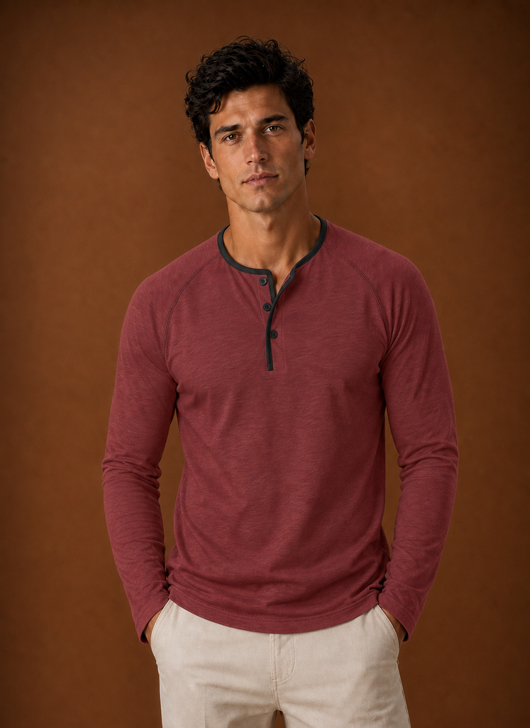 Men's Henley Shirt - Raglan Long Sleeve Henley with Contrast Trim