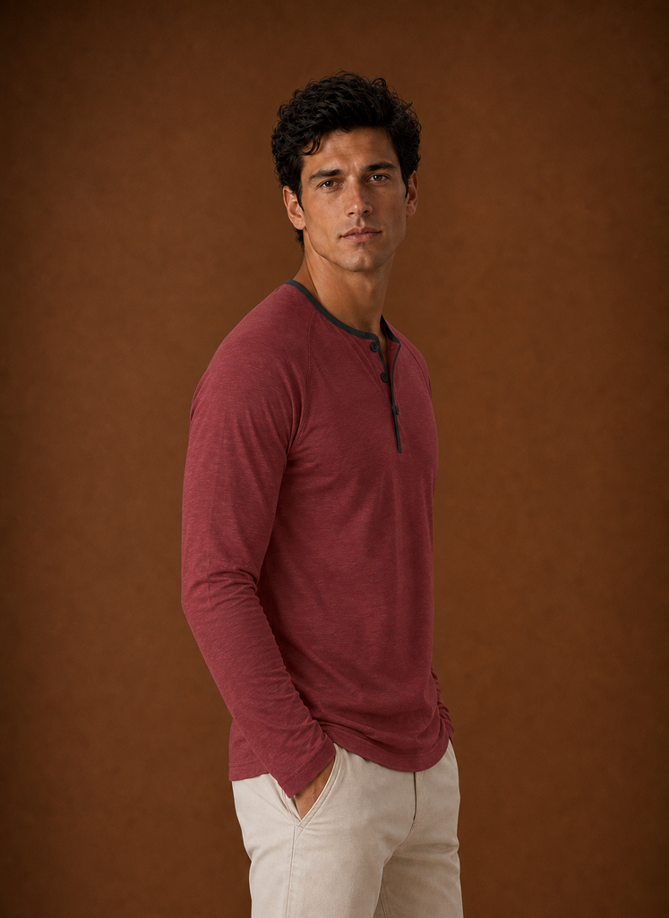 Men's Henley Shirt - Raglan Long Sleeve Henley with Contrast Trim