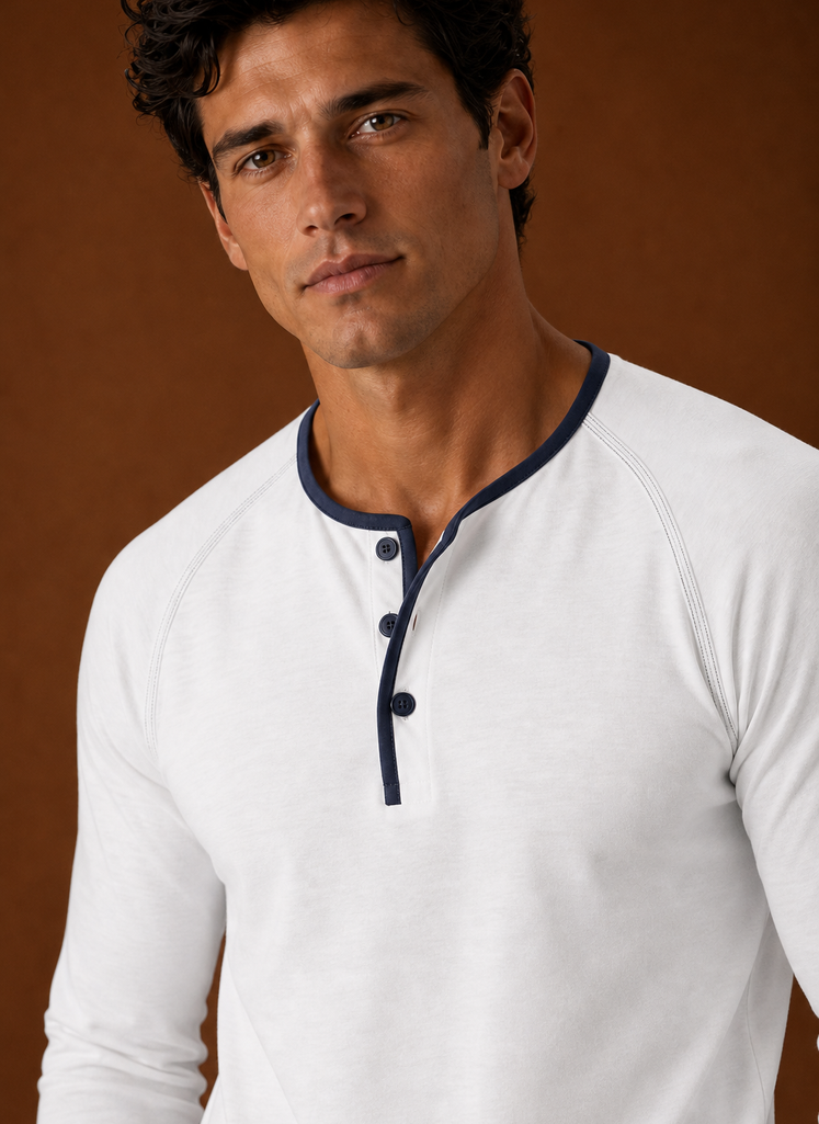 Men's Henley Shirt - Raglan Long Sleeve Henley with Contrast Trim