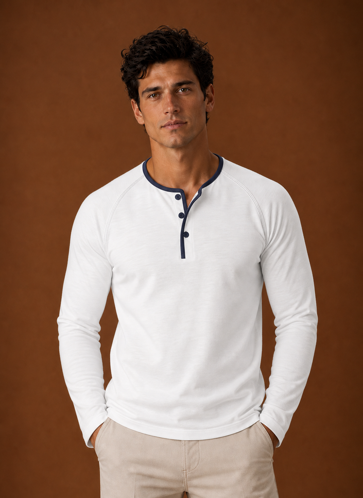 Men's Henley Shirt - Raglan Long Sleeve Henley with Contrast Trim