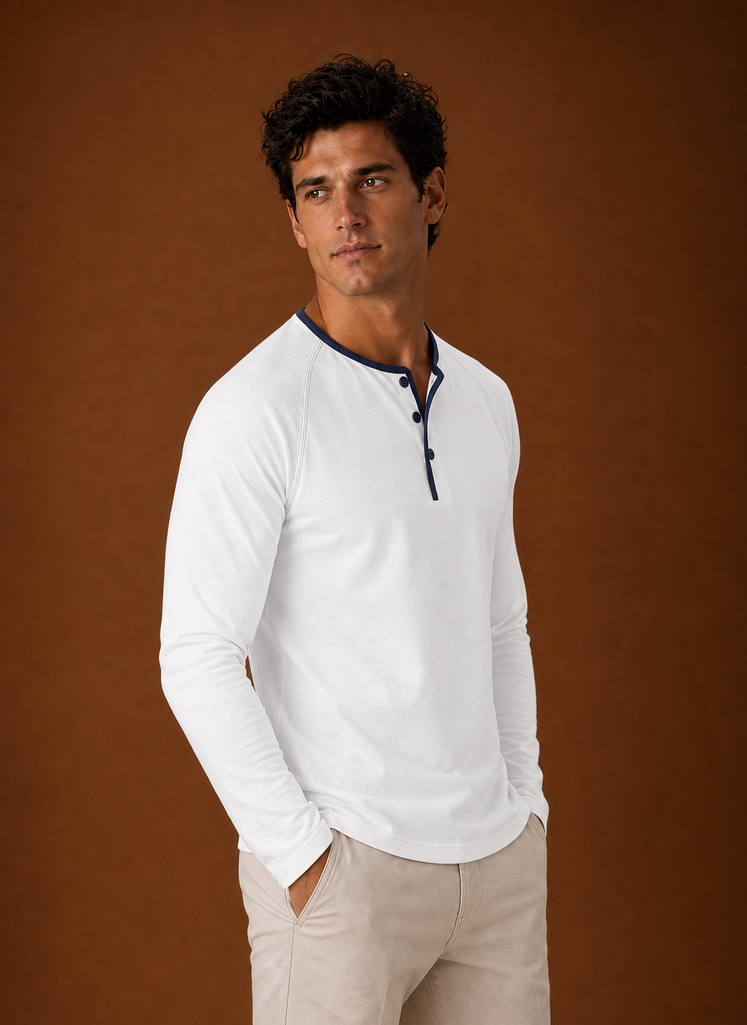 Men's Henley Shirt - Raglan Long Sleeve Henley with Contrast Trim